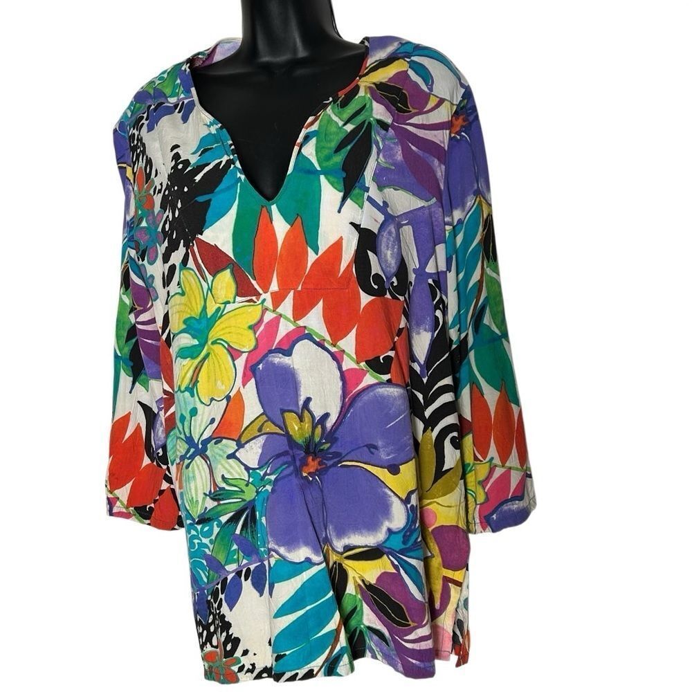 Jams World Floral Purple Red white Tropical Split Hem 3/4 Sleeve Tunic Top L